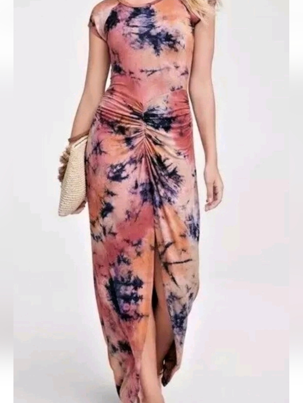 Venus Tie Dye Bodycon Maxi Dress Ruched Slit NWT S